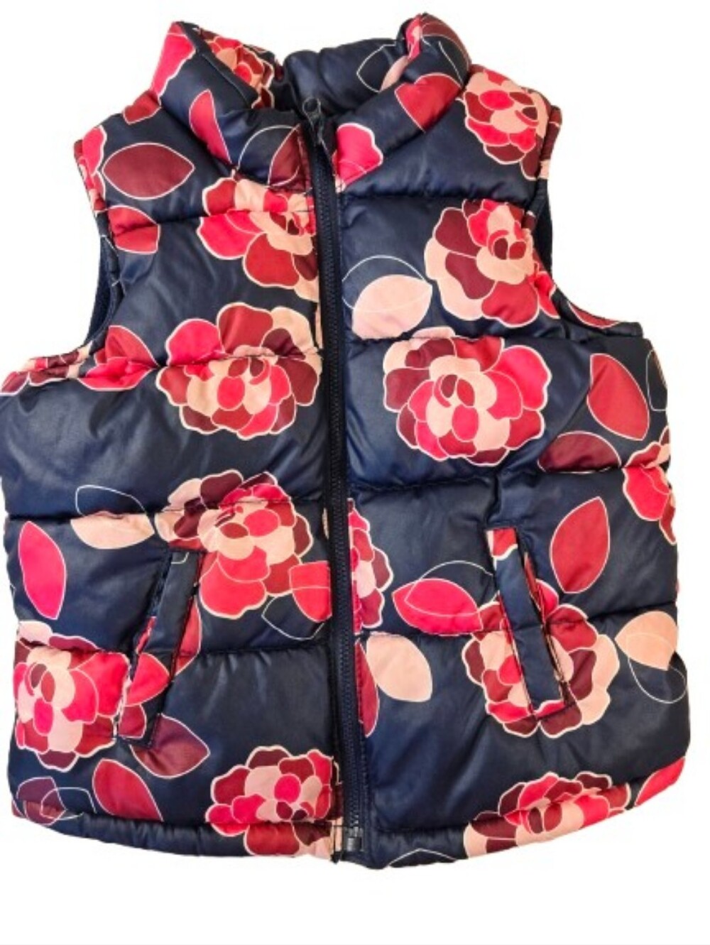 Old Navy Floral Puffer Vest Toddler Girls 5T Navy Pink Full Zip